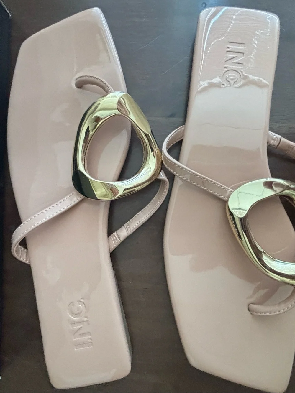 BNIB, I.N.C. Nude Patent Thong Sandals with Gold Accent